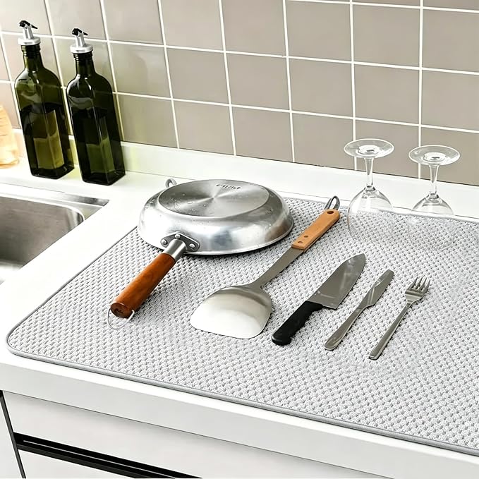 2 Pack Microfiber Dish Drying Mat,30*24 inch Absorbent Dish Drainer Kitchen Counter,Large Size Dish Drying Pad for Countertops,Sinks,Draining Racks(Gray)