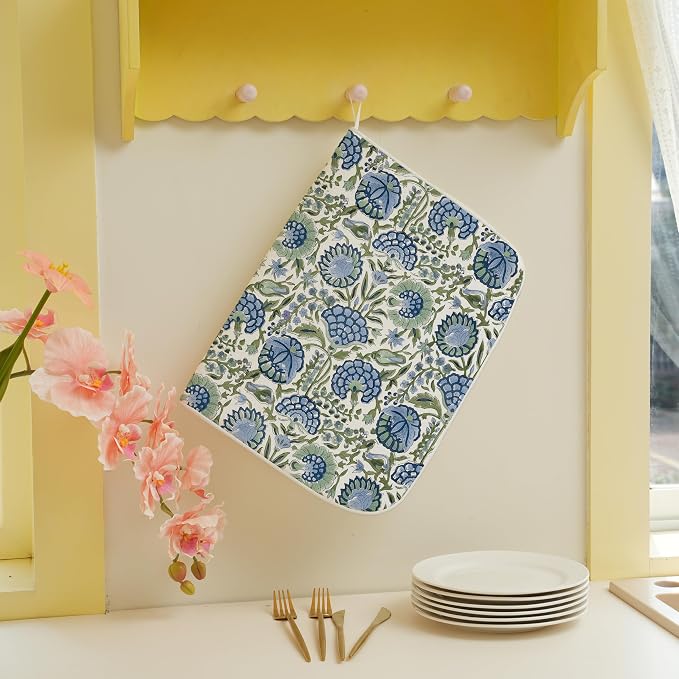 Floral Dish Drying Mat 18x24 Inches For Kitchen Counter Absorbent Block Print Flower Kitchen Decoration Boho Floral Drying Mat Pad For Home Kitchen,Dining Room,Office Decoration