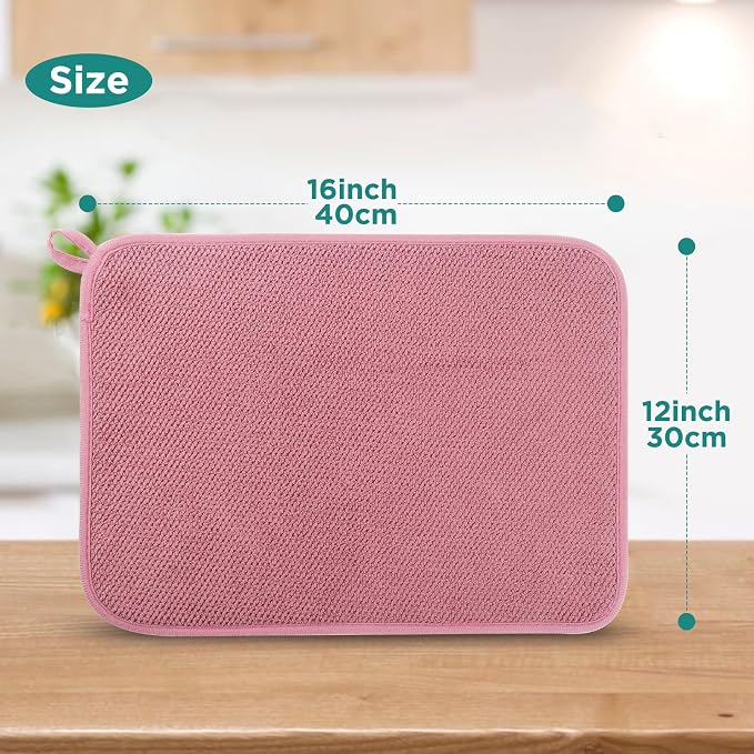 GeeRic Microfiber Dish Drying Mat, Super Absorbent Kitchen Dish Drying Pad, Reversible Gift Mats for Countertop, 12 * 16 inch Pink