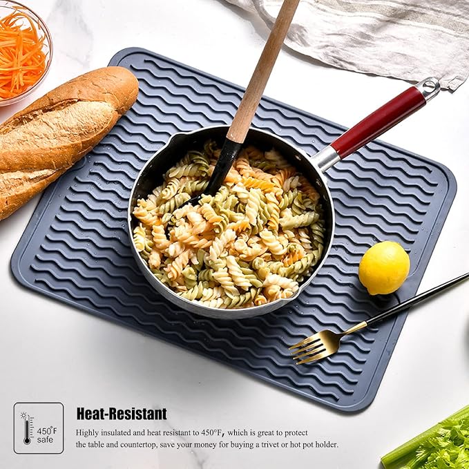 Large 14" x 11" Silicone Dish Drying Mat for Kitchen Counter, Easy clean, Quick Dry, Heat-resistant Dish Drainer Mat for Sink,Refrigerator or Drawer liner (Food Grade Silicone-Grey)