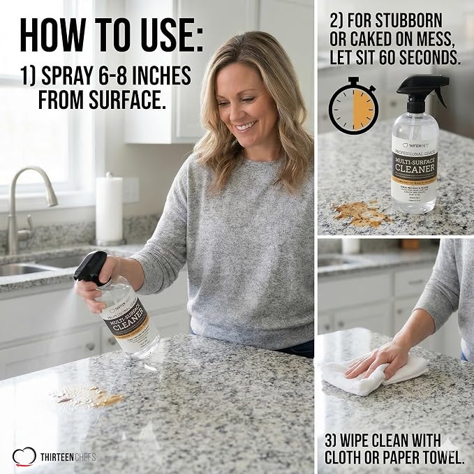 Thirteen Chefs Multi-Surface Cleaner for Kitchen, Home and Bath - Cleans All Countertops, Stainless Steel, Glass, Floor and Tile - 16oz Spray Bottle