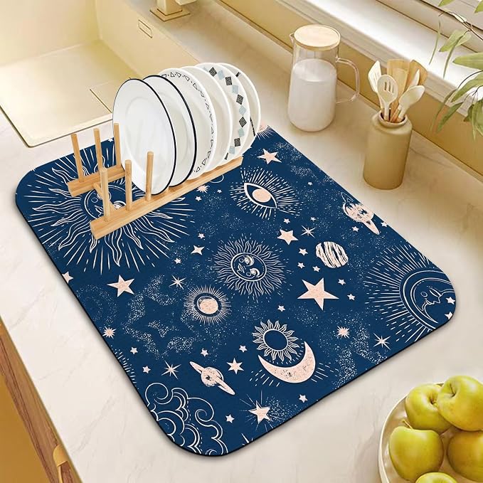 Dish Drying Mat for Kitchen Counter 18x24 Inch, Super Absorbent Dish Drainer Mat, Decorative Microfiber Dishes Drying Pad-Large(Navy Blue Moon)