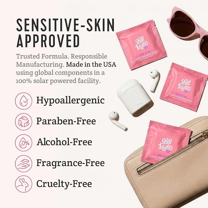 Stall Mates Wipes Feminine Fresh - Flushable | Individually Wrapped Cleansing Travel Friendly PH balanced Unscented with Sunflower, Rosemary and Aloe (90 on-the-go singles) BULK PACK