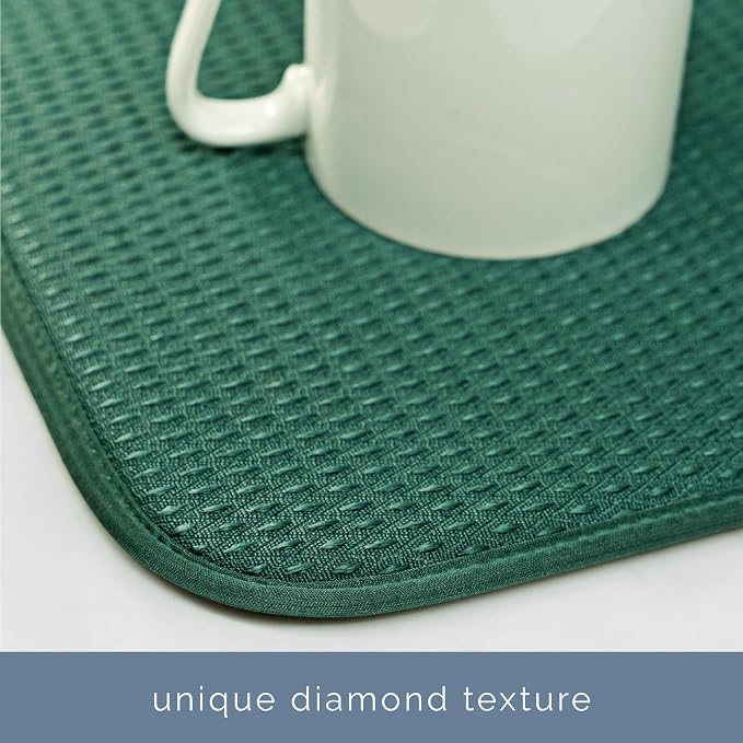 S&T INC. Dish Drying Mat, 16" x 18", Large, Diamond Texture, Green | Absorbent Microfiber, Kitchen Counter Mat for Dishes, Utensils, Pots and Pans, Machine Washable