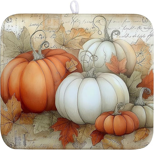 Fall Dish Drying Mats for Kitchen Counter Autumn Pumpkin Maple Leaf Vintage Drying Mats Thanksgiving Holiday Dishes Drainer Pad Microfiber Absorbent Reversible Dish Draining Mat 16x18 Inch