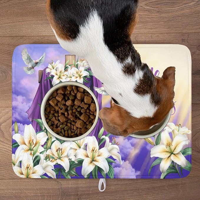 Easter Dish Drying Mat for Kitchen Counter He is Risen Cross Floral Purple Pattern Microfiber Dish Drainer Mat Rustic Absorbent Washable Drying Pad Extra Large 18"x24"