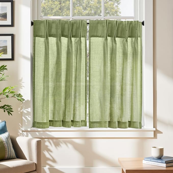 jinchan Linen Pinch Pleated Back Tab Tier Curtains, 26x36, 2 Panels, Green | Light filtering,small window treatment,cafe curtains,machine washable,farmhouse,kitchen,bathrooms,laundry