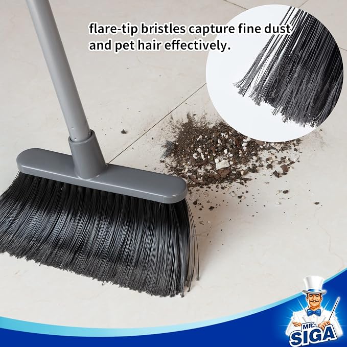 MR.SIGA Broom and Dustpan Set with Adjustable Long Handle, Gray | Stand upright broom with dustpan combo for home, office and garage easy sweeping and storage. 51.7"(131 cm) broom handle