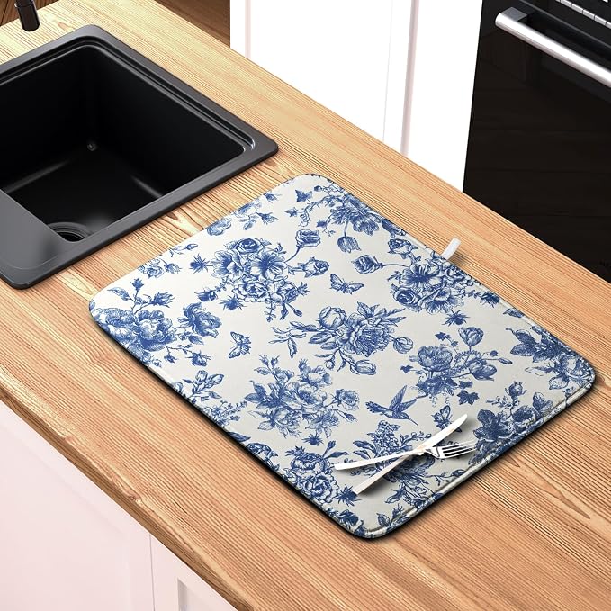 Dish Drying Mat for Kitchen Counter Blue and White Floral Drying Mats Chinoiserie Vintage Flowers Dish Drying Pad for Dishes Microfiber Absorbent Dish Drainer Rack Mat for Countertop 18x24 Inch