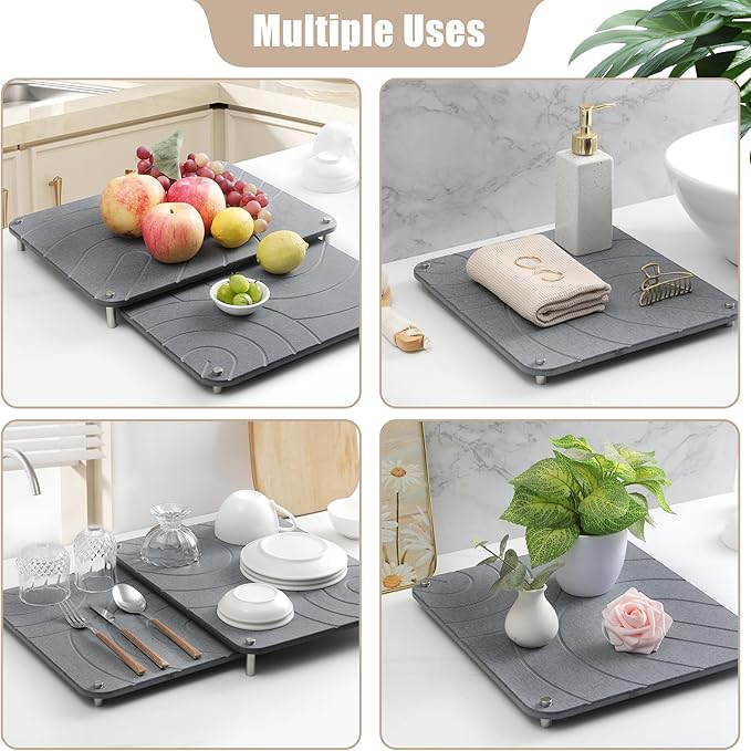 CZWL&HG 2 PCs Stone Dish Drying Mats for Kitchen Counter-Diatomaceous Dish Drying Mats Superb Absorbent with Non-Slip Stainless Steel Feet,Heat Resistant,15.7"(L)×11.8"(W)
