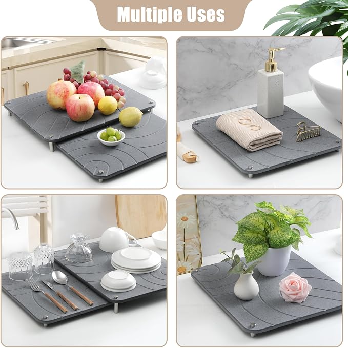 CZWL&HG 2 PCs Stone Dish Drying Mats for Kitchen Counter-Diatomaceous Dish Drying Mats Superb Absorbent with Non-Slip Stainless Steel Feet,Heat Resistant,15.7"(L)×11.8"(W)
