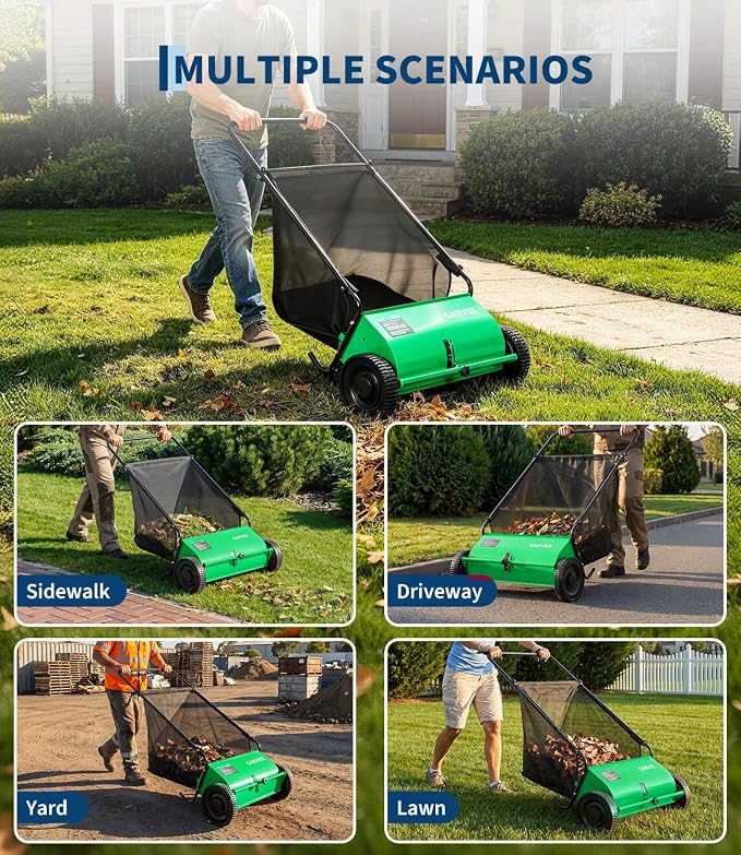 26 Inch Push Lawn Sweeper, Garden Lawn Sweeper Leaf and Grass Collector with 7 Cu.ft Mesh Bag, Adjustable Brush Height and 4 Spinning PP Brushes, Yard Sweeper for Leaves Grass Cleanup | with 7 Cu.ft Mesh Bag, Adjustable Brush Height and 4 Spinning PP B...