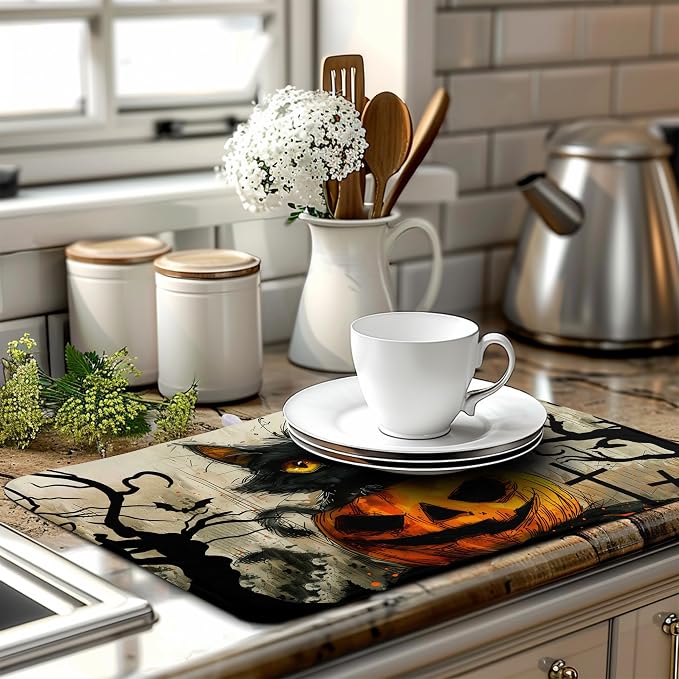 Black Cat Fall Pumpkin Dish Drying Mat 18x24 - Super Absorbent Drying Pads for Kitchen Counter - Happy Halloween Bat Branch Large Microfiber Dishes Drying Mats
