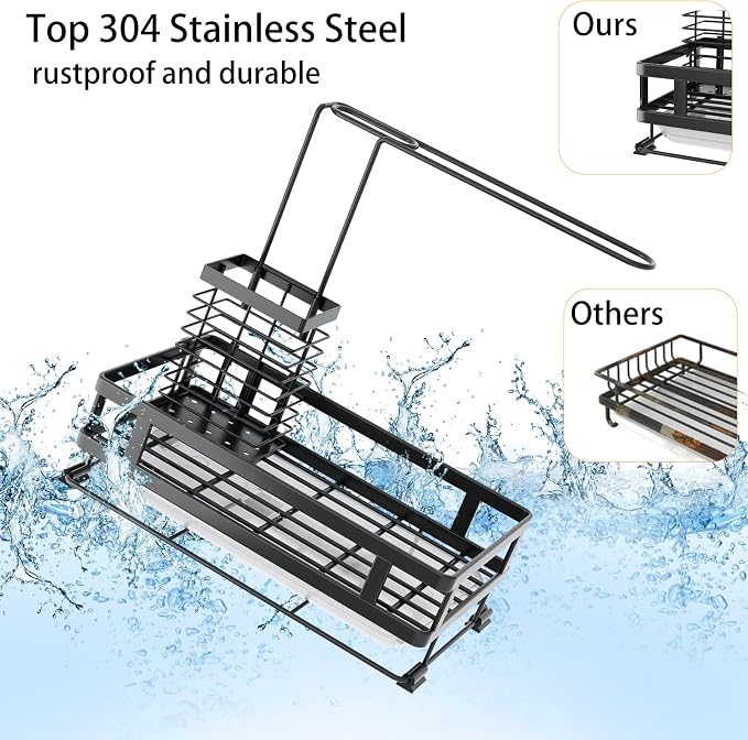 Godboat Kitchen Sink Organizer with Brush Rack - Sink Caddy with Drain-Pan | Stainless Steel Sponge Holder for Kitchen Sink with Towel Rack, Organizer for Dish Soap Dispenser, 10.5"L × 5.9"W × 10.5"H