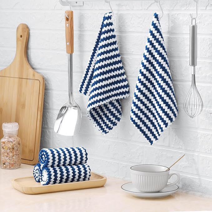 Homaxy 24 Pack Kitchen Dish Cloths, Ultra Soft and Absorbent Dish Towels, Reusable Fast Drying Microfiber Cleaning Cloth, Coral Velvet Wave Design No-lint, 10 x 10 inches, Navy Blue