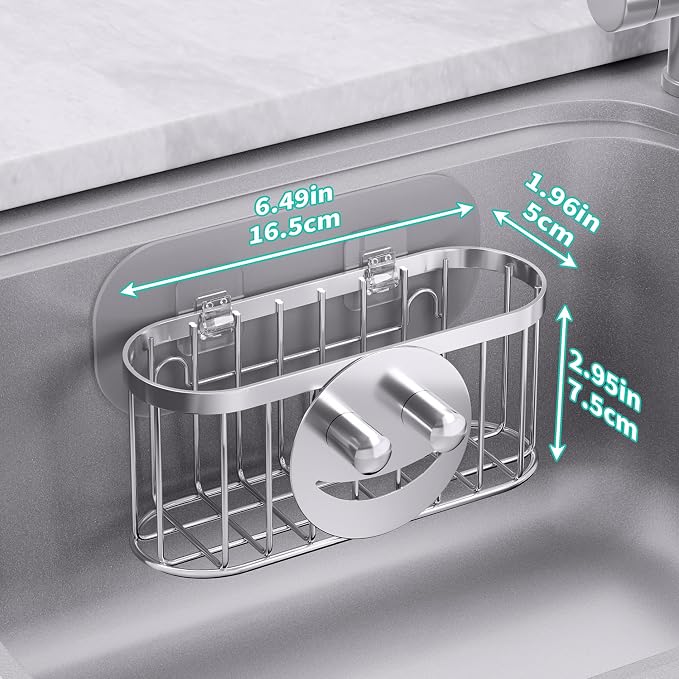 HapiRm Sink Caddy Sponge Holder - 2 Installation Ways Kitchen Sink Organizer with Smiley Face Sponge Holder, Stainless Steel Kitchen Caddy - Silver