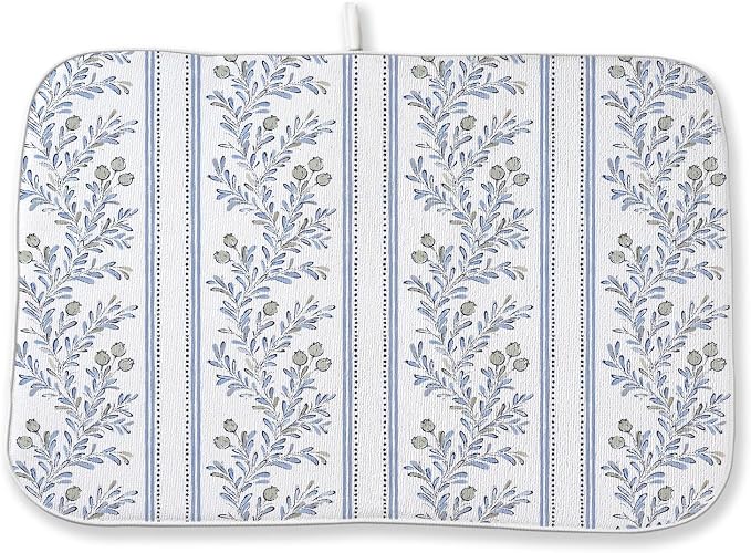 Blue Green Block Print Dish Drying Mats 18x24 Inch Blue Green Vintage Boho Floral Drying Mats Seasonal Outdoor Decorations Absorbent Drying Dish Mats for Kitchen Dining Room Counter Decor
