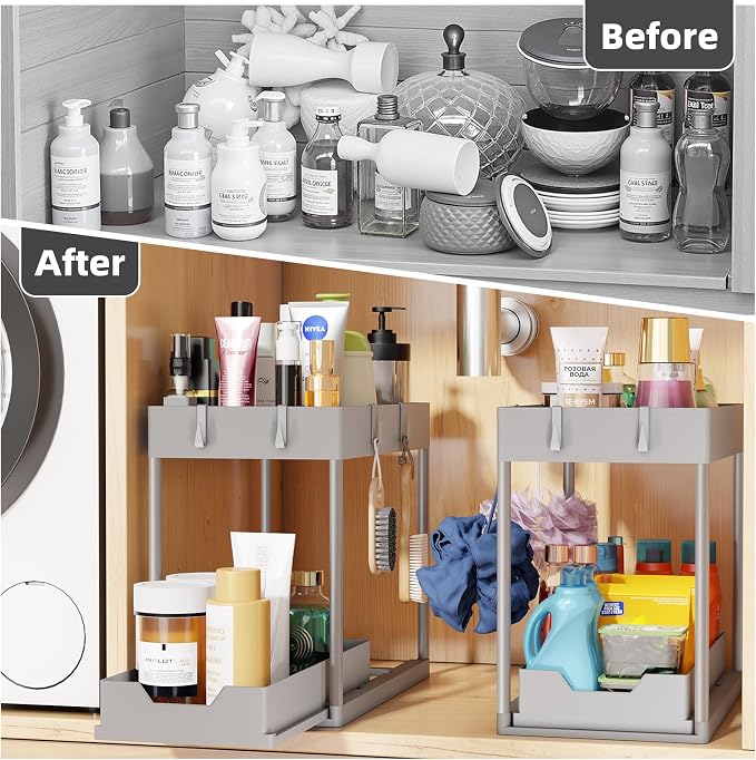 Simple Trending Under Sink Organizer 2 Pack, Sink Pull-Out Sliding Storage Cabinet, 2-Tier Under Shelf Organizer for Kitchen Bathroom, Grey