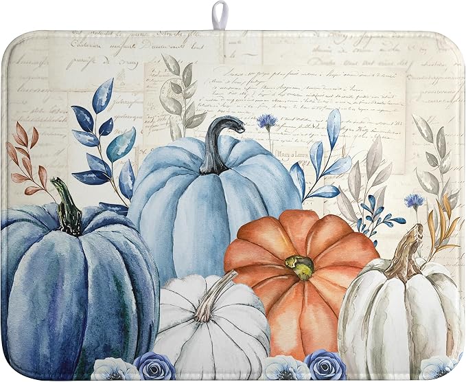 Fall Blue White Pumpkin Dish Drying Mats Thanksgiving Leaves Dish Mat Drying Matt Autumn Floral Dishes Dryer Pad for Kitchen Counter Absorbent Microfiber Washable Foldable Reusable 18x24 in