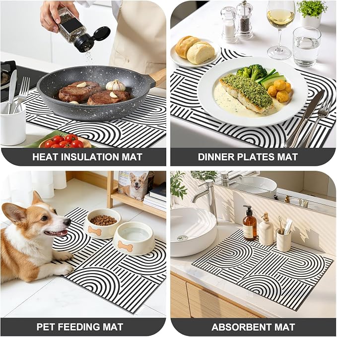 Findosom Dish Drying Mat, 12" x 20" Super Absorbent Dish Mat with Modern Geometric Striped, Hide Stain Drying Mat for Kitchen Counter, Under Dish Rack, Coffee Maker, Espresso Machine, Black & White