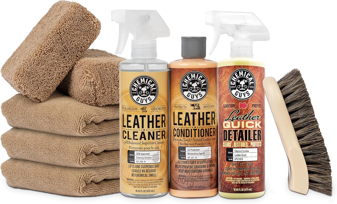 Chemical Guys, 9-Piece Leather Cleaner & Conditioner Kit for Car Interiors | Cleans then conditions seats, furniture, jackets and boots, brushes and towels included for many leather types
