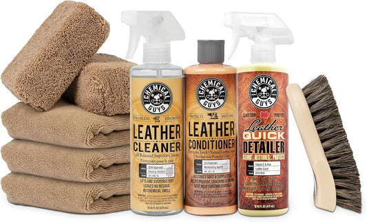 Chemical Guys, 9-Piece Leather Cleaner & Conditioner Kit for Car Interiors | Cleans then conditions seats, furniture, jackets and boots, brushes and towels included for many leather types