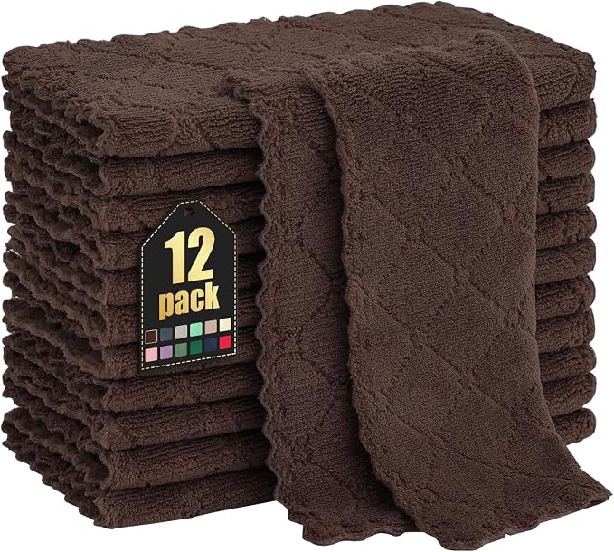 Homaxy 12 Pack Kitchen Dish Cloths (10 x 10 Inches, Brown), Super Soft and Absorbent Coral Velvet Dish Towels, Nonstick Oil Fast Drying Microfiber Cleaning Cloth, No Lint Household Dishcloths