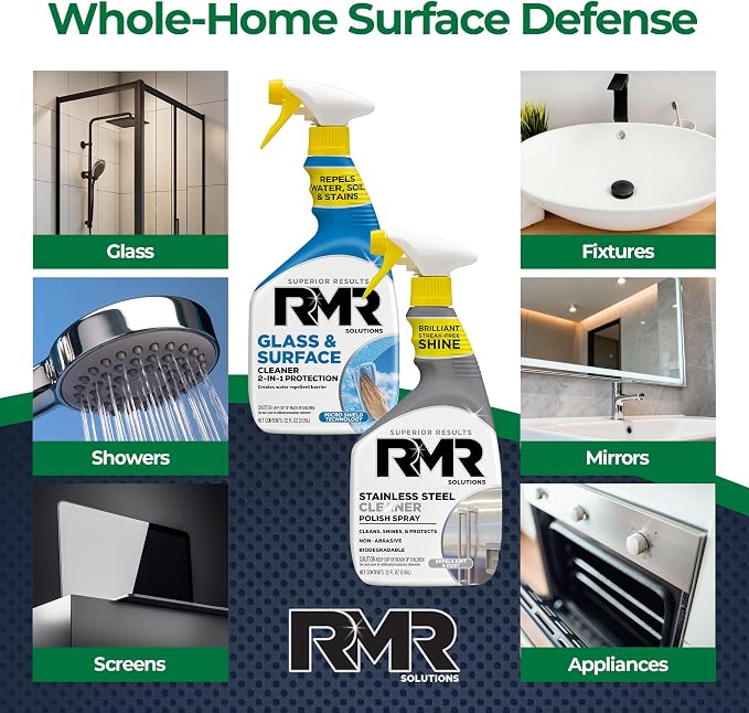 RMR Gleam Team Bundle – Glass & Surface Cleaner + Repellent and Stainless Steel Cleaner Polish, 2-Step Cleaning System for Windows, Shower Doors, Appliances, Faucets & Mirrors, 2–32 Oz Bottles