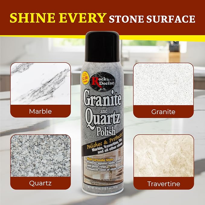 Rock Doctor Granite Polish Spray and Surface,18oz.Can Polish Tile, Marble, Kitchen Countertop, and Natural Stone Surfaces, Radiant Shine Pack of 6
