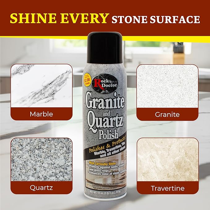 Rock Doctor Granite Polish Spray and Surface,18oz.Can Polish Tile, Marble, Kitchen Countertop, and Natural Stone Surfaces, Streak-Free Shine Pack of 1