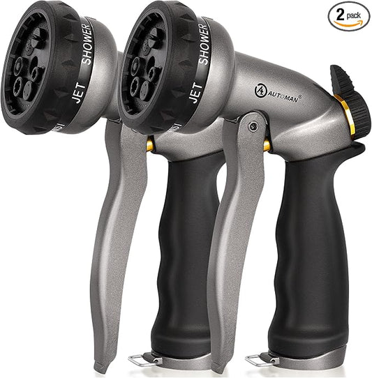 AUTOMAN Garden Hose Nozzle - 2 Pack, 100% Metal High Pressure Spray Nozzle, Labor-Saving Design, Heavy Duty for Garden Watering, Car Washing, Window Cleaning, Pets Bathing