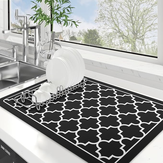 WISELIFE Dish Drying Mat Super Absorbent Drying Mat Large Dish Drying Mats for Kitchen Counter Easy Clean Dish Mat Kitchen Drying Mat16"x 24" Stylish Black