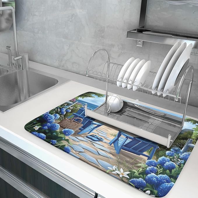 Summer Beach Chairs Dish Drying Mat Sea Wave Blue Floral Drying Mat fo Kitchen Counter 16”x18” Absorbent Reversible Kitchen Mat Non-Slip Ocean Themed Dish Drainer Rack Mat for Countertop Coffee Bar