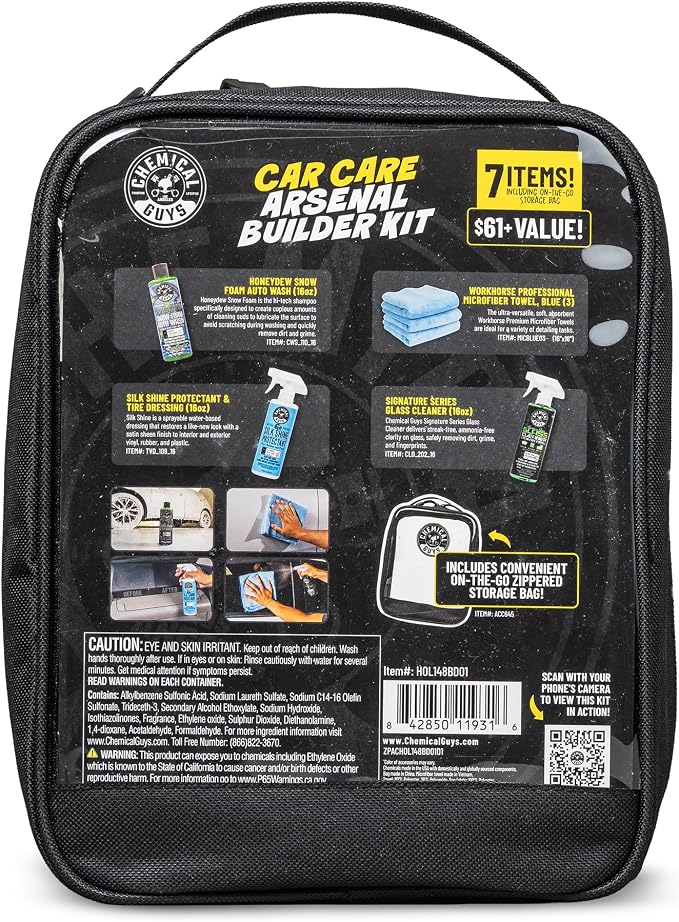 Chemical Guys, Exterior Wash & Shine Kit, Soap, Glass & Tire Dressing Set | Takes a dusty daily driver to a glossy finish in one session, packed in a grab-and-go bag that makes a solid gift
