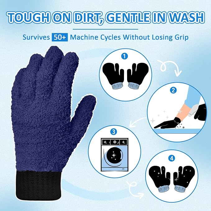 MIG4U 2 Pairs Microfiber Gloves - Dusting Gloves for House Cleaning - Washable Blind Cleaner Duster Tool (Navy,S/M)