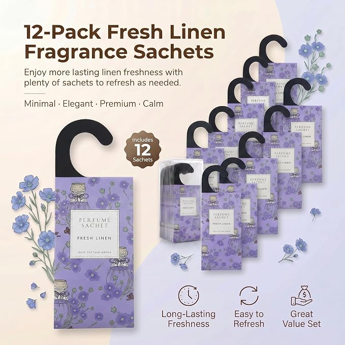 Large 12 Packs Fresh Linen Hanging Scented Sachets Long-Lasting Closet Deodorizer Air Freshener Fabric Refresher Odor Eliminator for Drawer Home Fragrance Gift Set