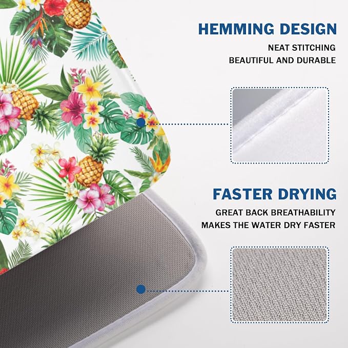 Summer Tropical Dish Drying Mat for Kitchen Counter Hawaii Palm Leaves Floral Pineapple Microfiber Dish Drainer Mat Rustic Absorbent Washable Drying Pad Extra Large 18"x24"