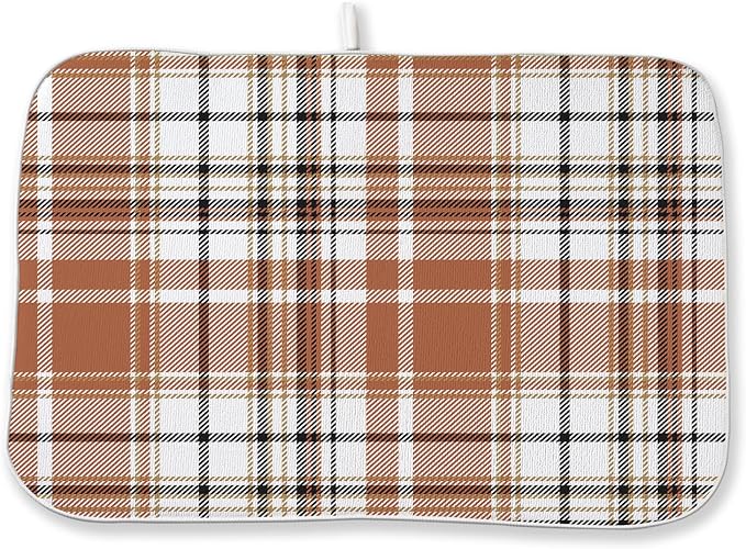 Fall Checkered Dish Drying Mats 18x24 Inch Autumn Burnt Brown Grey Buffalo Plaid Drying Mats Holiday Thanksgiving Dish Drying Pad Dish Rack Drainer Mats for Kitchen Dining Room Counter Decor