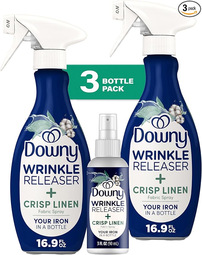 Downy Wrinkle Releaser Spray | All In One Wrinkle Release Spray, Odor Eliminator, Static Remover | Fabric Refresher & Ironing Aid for Clothes | 16.9 Fl Oz (Pack of 2) & 3 FL Oz, Crisp Linen Scent