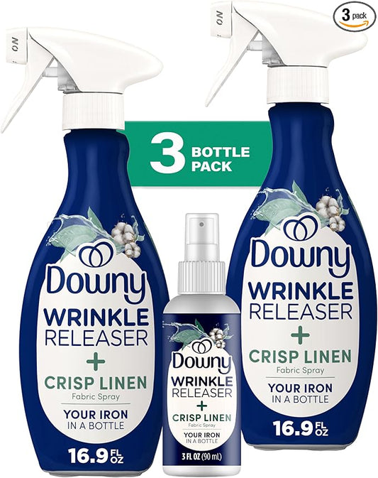 Downy Wrinkle Releaser Spray | All In One Wrinkle Release Spray, Odor Eliminator, Static Remover | Fabric Refresher & Ironing Aid for Clothes | 16.9 Fl Oz (Pack of 2) & 3 FL Oz, Crisp Linen Scent