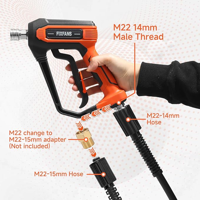 FIXFANS Pressure Washer Gun and Hose Kit, 50FT Power Wash Hose, M22 Fitting | High Pressure Washer Replacement Wand Extension, 5 Nozzle Tips