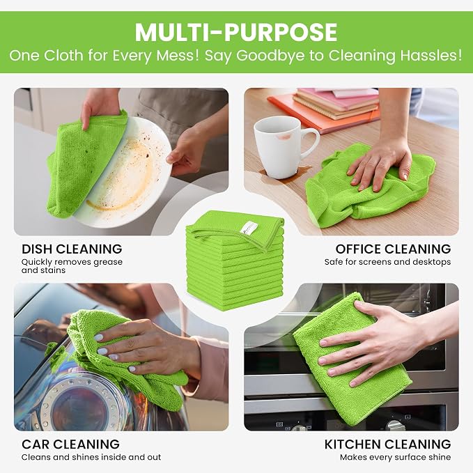SIFANGKE Microfiber Cleaning Cloth, 12 Pack Limegreen Cleaning Rags for Housekeeping, Reusable Microfiber Towels for Car, Kitchen, Bathroom and Household Cleaning Supplies, 11.8"X11.8"
