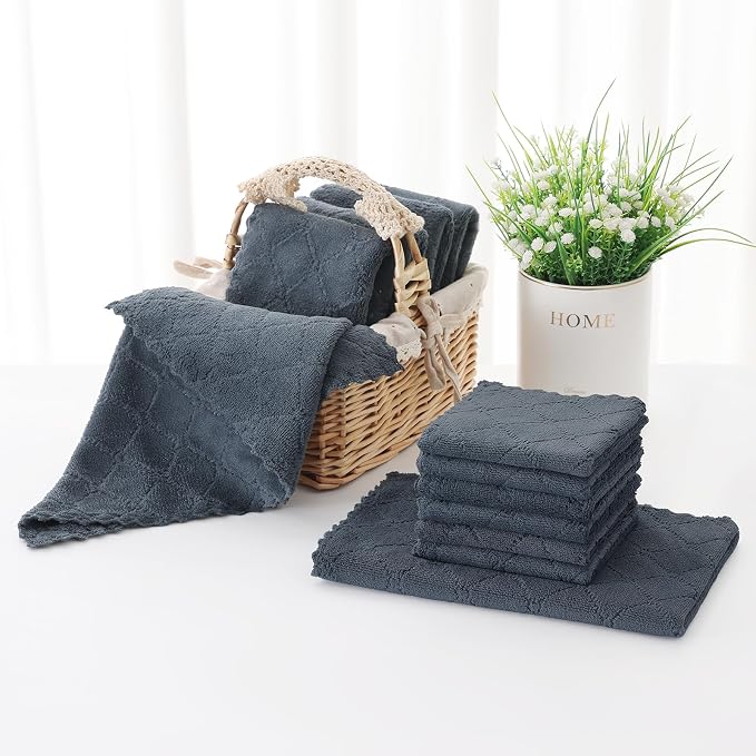 Homaxy Kitchen Towels and Dishcloths Set, 10 x 10 and 13 x 19 Inches, Set of 12 Super Soft and Absorbent Coral Velvet Kitchen Towels, No Lint and Nonstick Oil Fast Drying Dish Towel, Dark Grey