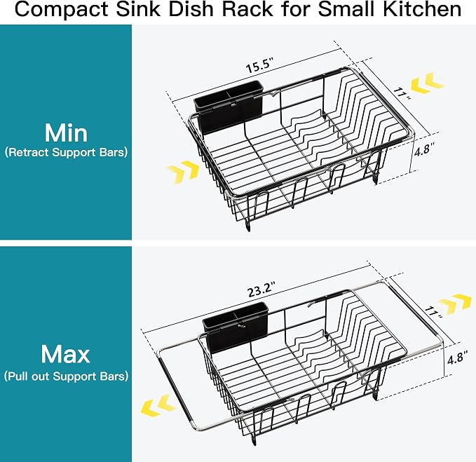 JASIWAY Black Dish Drying Rack in Sink, Expandable Stainless Steel Dish Drainers for Kitchen Counter, Dish Dryer Rack for Inside Sink, Over The Sink Dish Racks with Utensil Holder