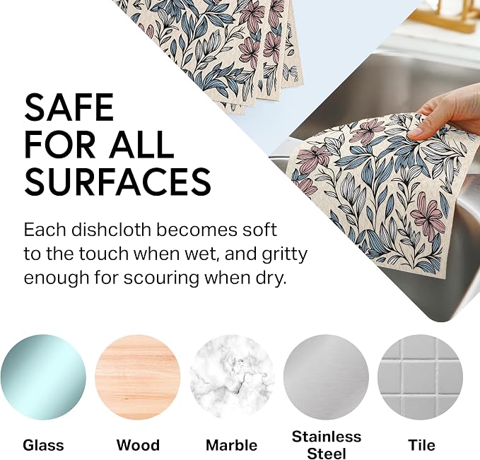 Swedish Wholesale Dishcloths Reusable 8" x 7" Sponge Cloths, Bulk 10 Pack of High Absorbent Cellulose Dish & Kitchen Cleaning Hand Towels, Wring to Dry & Machine Wash, Odor Resistant, Mini Flower