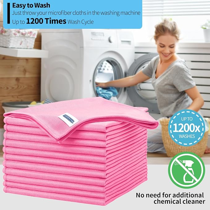 Microfiber Cleaning Cloth, 12 Pack Window Glasses Cleaning Cloth, Reusable Lint-Free Streak Free Polishing Cloth Wipes for Stainless Steel, Eyeglasses, Mirrors, Screens & Lenses,12"*12" Pink