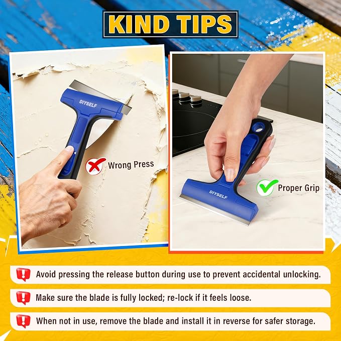 DIYSELF Razor Blade Scraper with 10 Extra 4" Blades, Scraper for Cleaning | Glass Scraper for Cleaning, Glass Stove Top Scraper, Window Scraper, Paint, Cooktop, Oven Scraper, Razor Scraper Tool, Blue