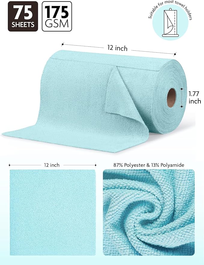 Fantasticlean Microfiber Cleaning Cloth Roll- 75 Sheets, 12" x 12" (Blue) | Super Absorbent, Lint-free, Tear-away Microfiber Towel Roll, for All-Purpose Cleaning, Reusable Alternative to Paper Towels