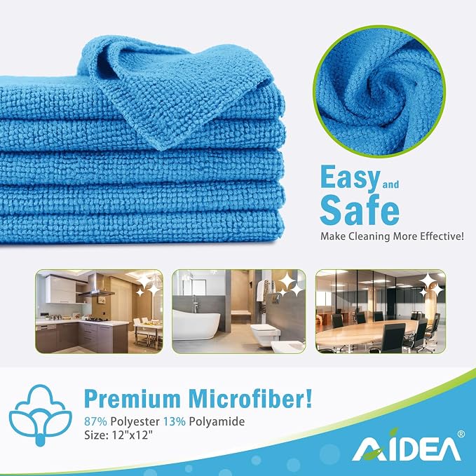 AIDEA Microfiber Cleaning Cloth Blue-50PK, Soft Absorbent Shop Rags, Microfiber Towels for Cars, Kitchen Towels, Dusting Cloth for Home, Window, Cleaning Supplies, 12"×12"