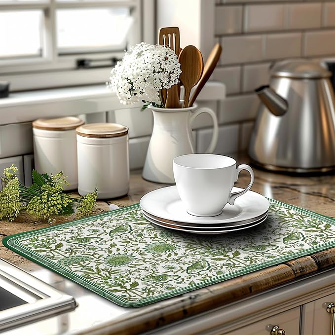 Green Floral Dish Drying Mat for Kitchen Counter 18x24 Inch Spring Summer Flowers Drying Mats Microfiber Absorbent Dish Drainer Pad Reusable Washable Dish Draining Mat for Coffee Bar Sink